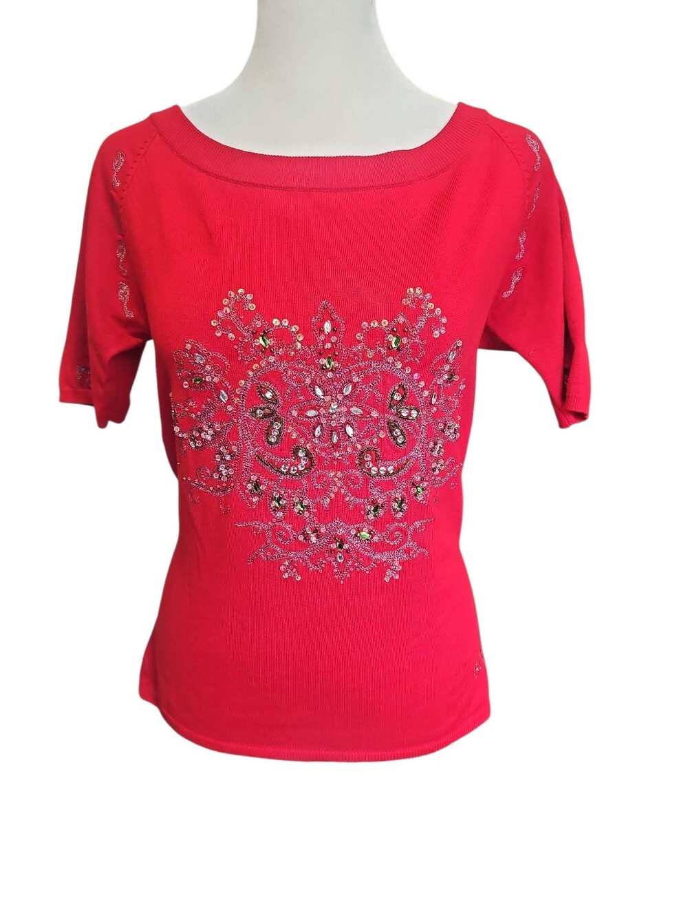 2000s BCBG Max Azria Y2K Beaded Sequined Short Sleeve Knit Blouse Medium